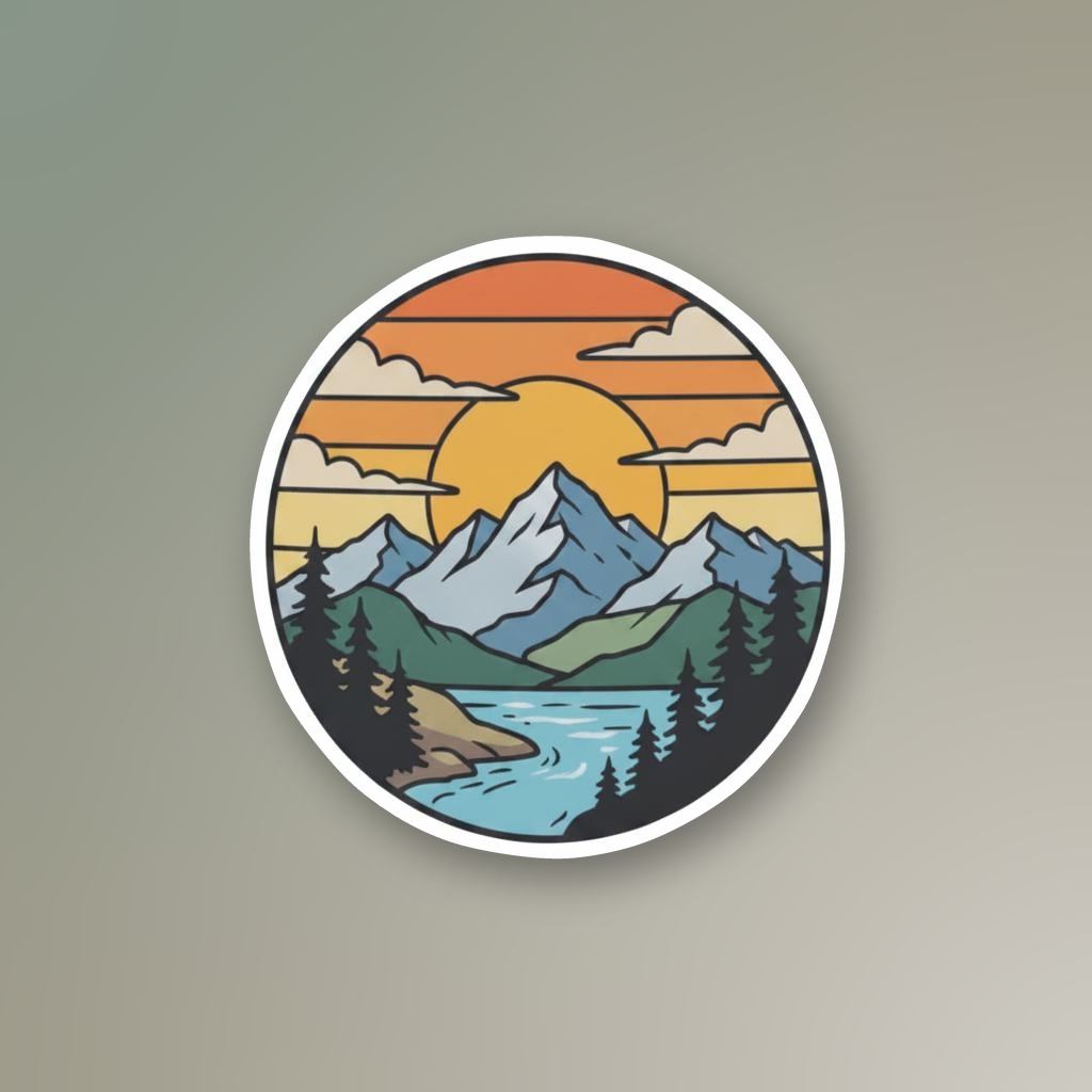 Mountain sunset sticker designed on Stickery.ai