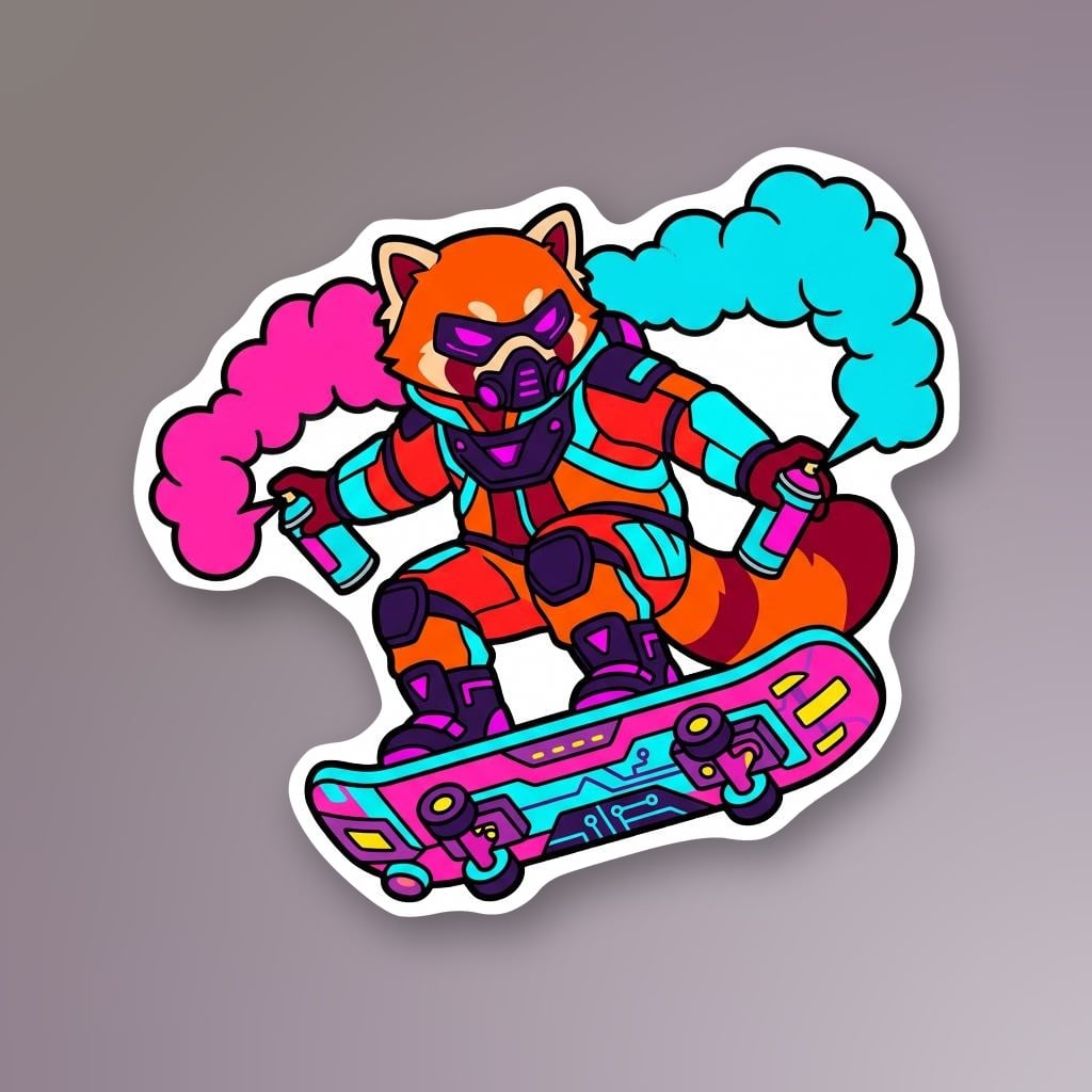 Neon Red Panda on Hoverboard