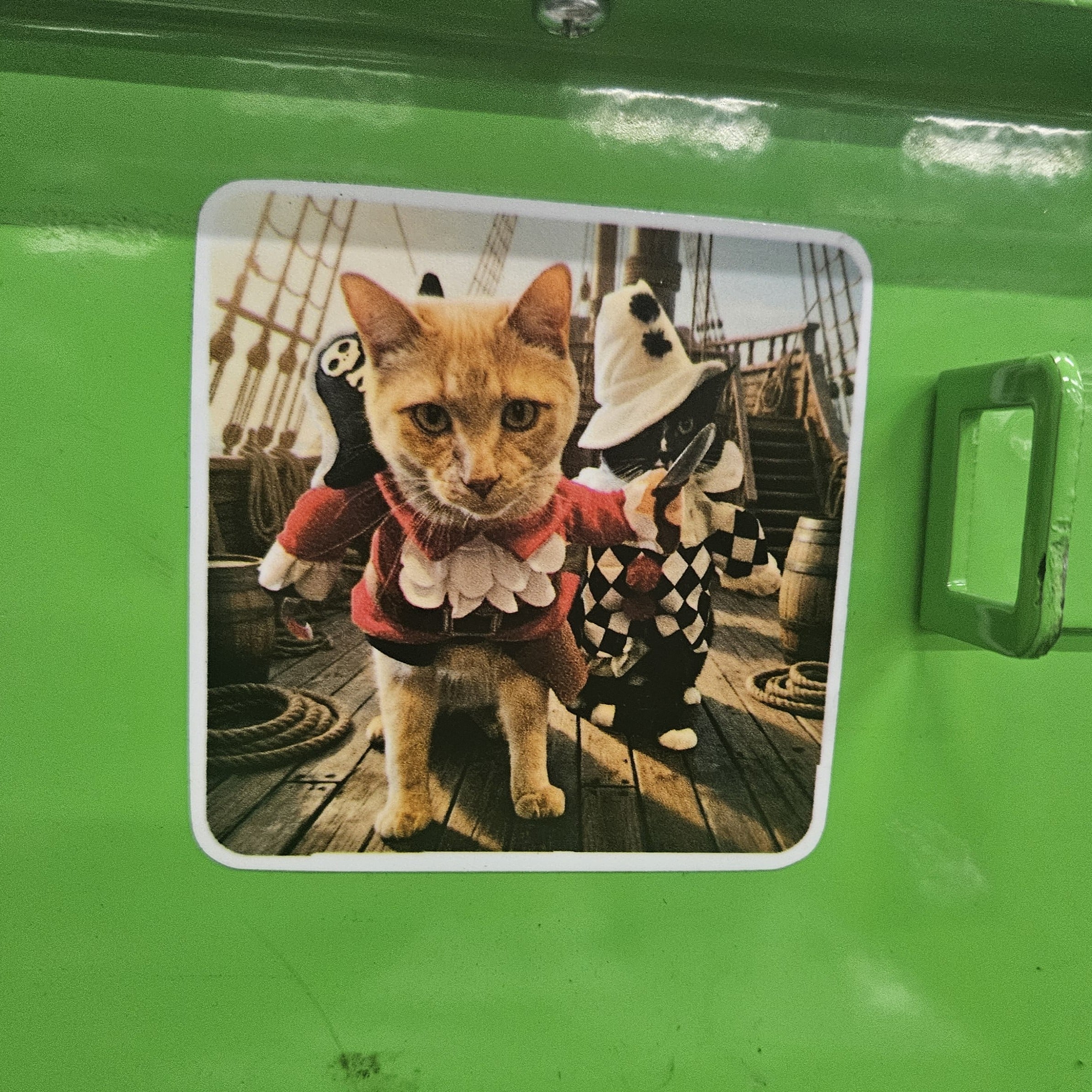 Printed sticker of a cat in pirate clothes on a green surface